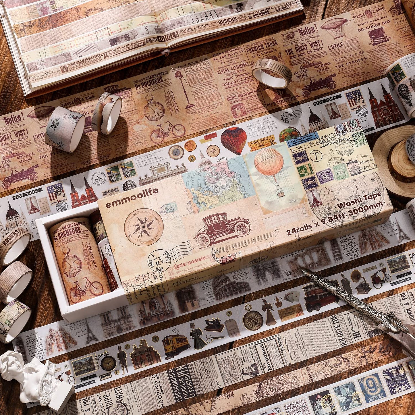 24 Rolls Vintage Washi Tape Set, Antique Car Buildings Map Stamp Stripe Writable Aesthetic Washy Decorative Tapes for Scrapbooking, Junk Journal Supplies, Bullet Journaling 5-75mm Wide (3m Long)/Roll