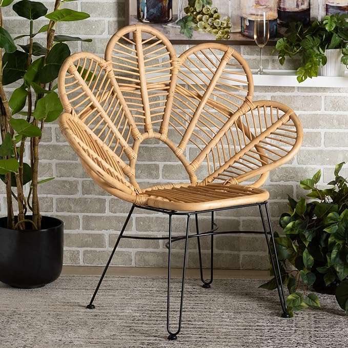 bali & pari Garan Modern Bohemian Natural Rattan and Black Metal Accent Chair by balipari