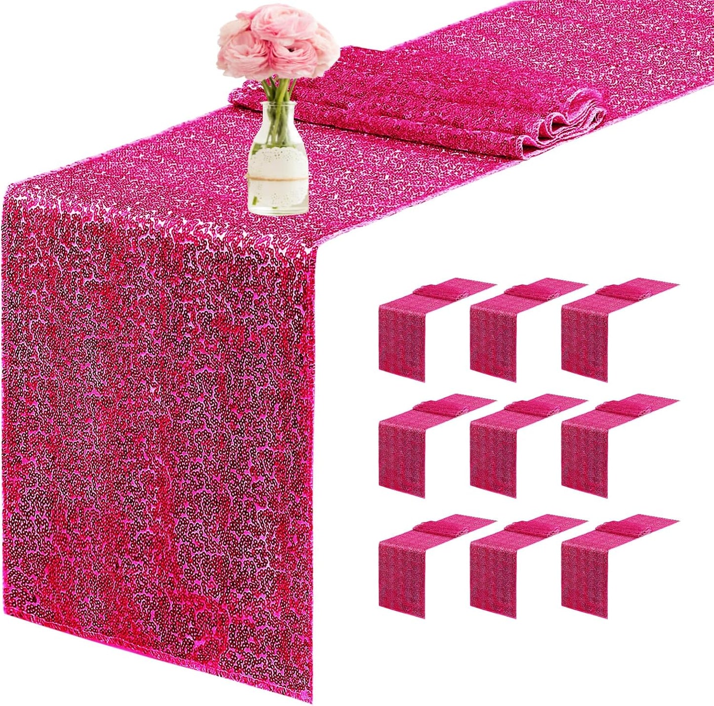10 Packs 12 x 72 inches Sequin Table Runner, Hot Pink Glitter Table Runner for Birthday Party Supplies Wedding Engagement Baby Shower Holiday Celebration Event Decorations