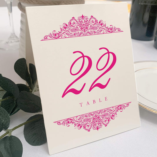 Paisley Wedding Table Numbers (Select Color/Quantity), Champagne, Fuschia, 1-65, Double Sided, Tent or Use in a Stand, Great for Parties & Restaurants - Made in the USA