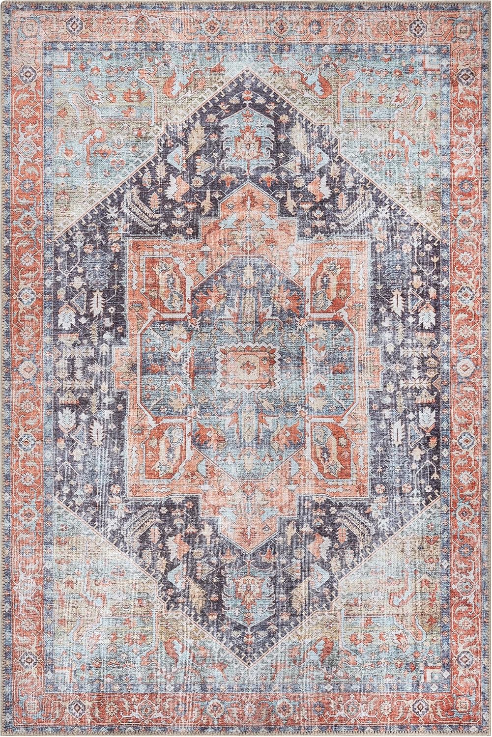 Bloom Rugs Washable Non-Slip 4' x 6' Rug - Terracotta/Blue Traditional Medallion Area Rug for Living Room, Bedroom, Dining Room, and Kitchen - Exact Size: 4' x 6'