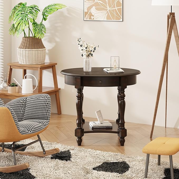 Oval End Table with Drawer, Solid Wood Sofa Side Table with Storage Shelf - Image 3
