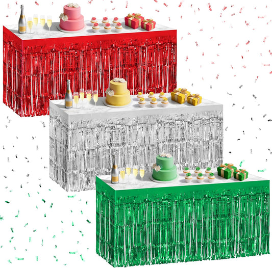 3 Pack Red Green Silver Table Skirts, 29x108" Metallic Foil Tinsel Fringe Table Skirt for Rectangle Tables Streamer Curtains Backdrop, Party Decorations for Birthdays, Weddings, Holidays