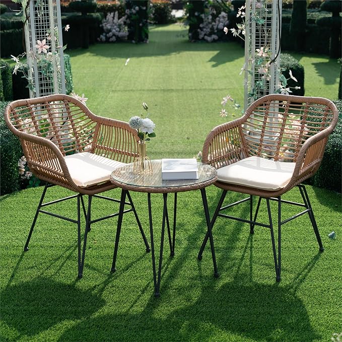 3 Piece Outdoor Wicker Furniture Bistro Set, Rattan Chairs Conversation Sets - Image 8