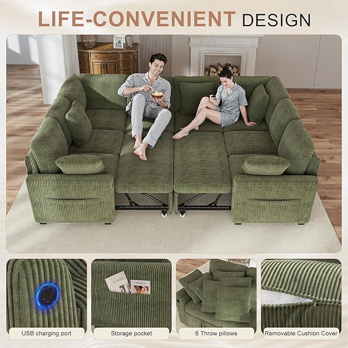 Hanherry Sectional Sofa with Pull Out Couch Bed, Corduroy Sleeper Sofa with 2 - Image 4