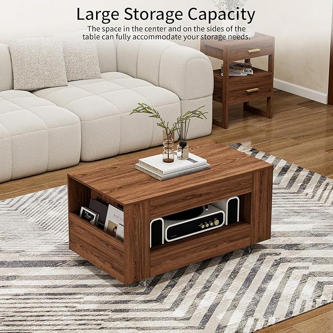 39" Wood Coffee Table for Living Room, Sides Storage - Image 3
