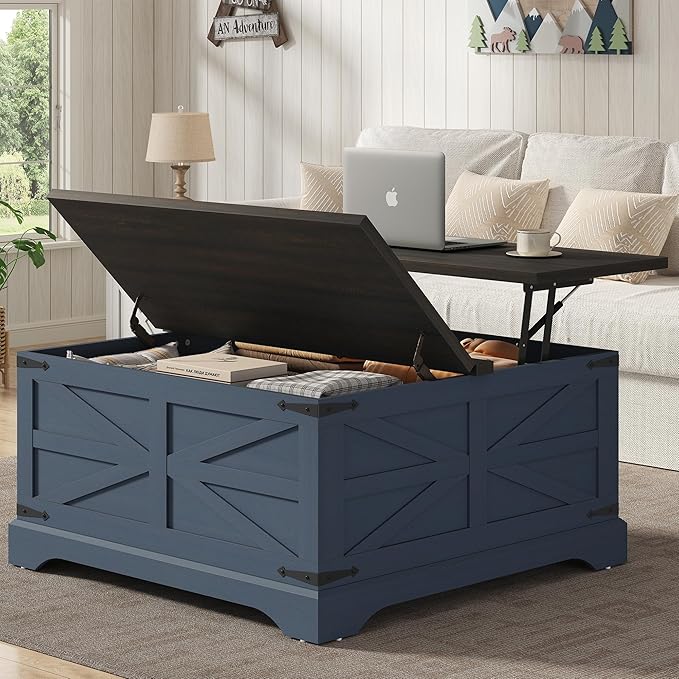 Furnideco 35.5''W Square Coffee Table Farmhouse Lift top Coffee Table - Image 3
