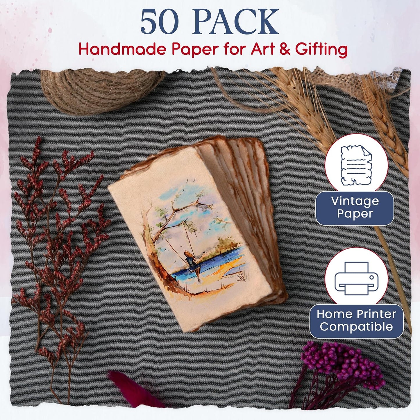 Wanderings Vintage Handmade Deckle Edge Folded Paper – Folded to 3.5"x2" – 150 GSM - 50-Pack – Textured Cotton Paper – Ideal for Place Cards, Blank Name Cards, Table Settings, Gift Tags, Love Notes