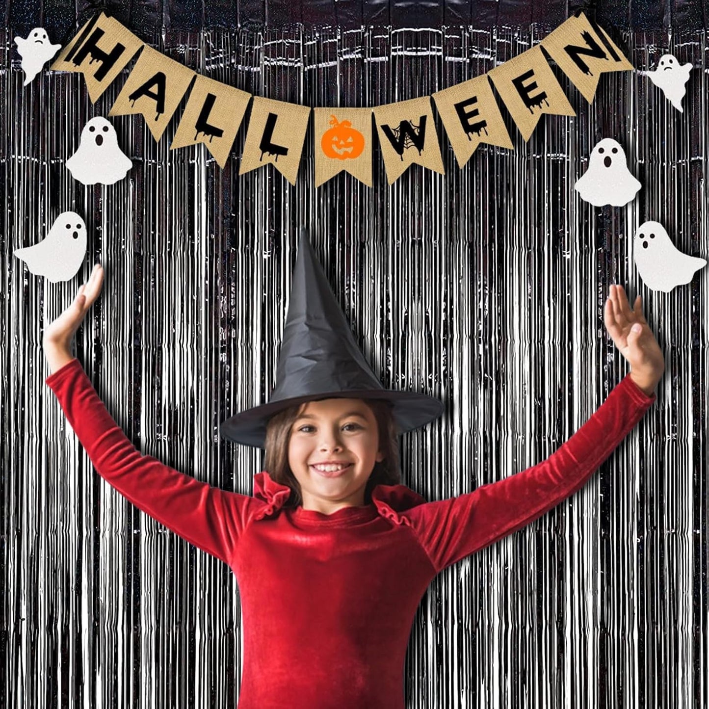 BRAVESHINE Black Halloweens Party Foil Fringe Curtains - 2 Pack Metallic Tinsel Photo Booth Streamers Backdrop for Birthdays, Stranger Theme, Music, Prom, Christmas Party Decorations