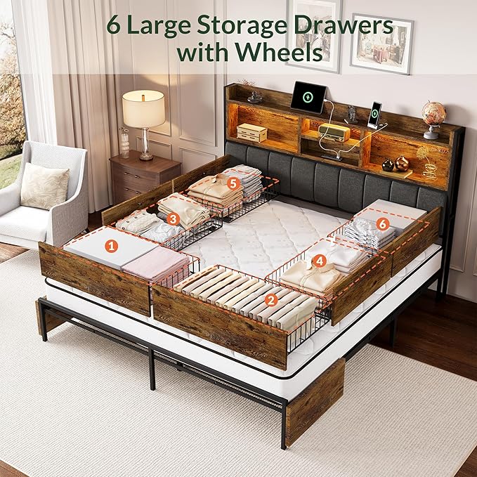 LARMACE Queen Bed Frame with 6 Storage Drawers, Bed Frame Queen Size with Linen - Image 3