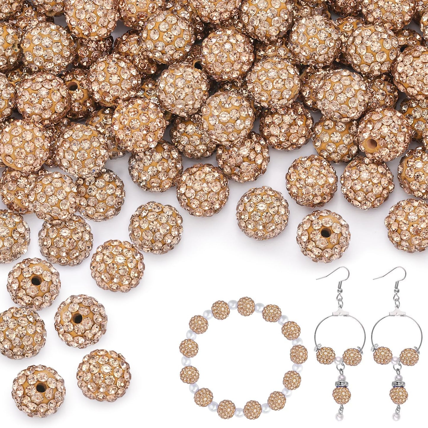 100 pcs 10mm Rhinestone Beads for Jewelry Making, Light Brown Shiny Round Shamballa Disco Beads Bulk, Sparkle Crystal Clay Christmas for Bracelet Baseball Necklace Earring Crafting and DIY