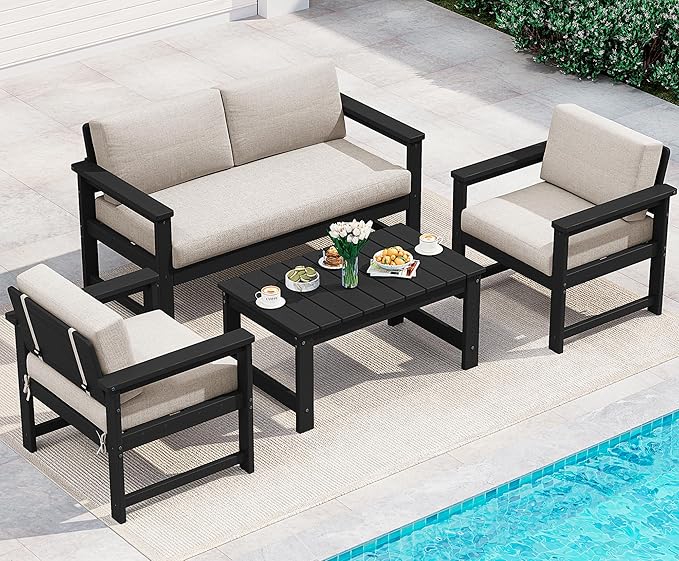 SERWALL 4-Piece Outdoor Patio Sofa Set, HDPE All-Weather Loveseat Sofa by SERWALL