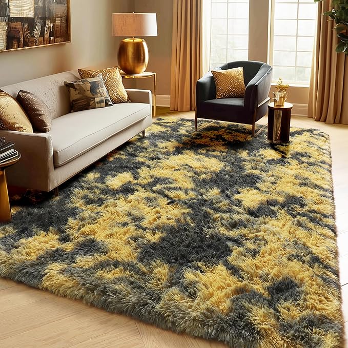 PAGISOFE 4x6 Black and Yellow Bedroom Rugs, Fluffy Modern Living Room Area Rug - Image 3