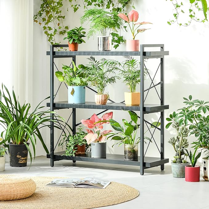 HCHQHS Bookshelf, 3-Tier Industrial Bookcase, Freestanding Horizontal - Image 8