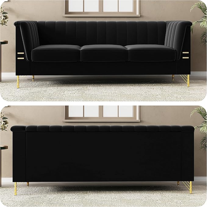 83.46" W Black Velvet Sofa Couch - Image 6