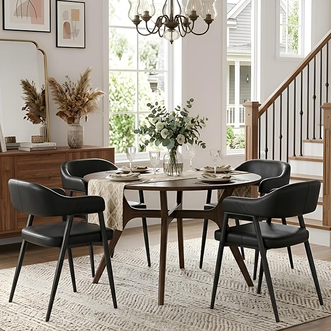 HNY Modern Dining Room Arm Chairs Set of 4, Retro Faux Leather Upholstered by HNY