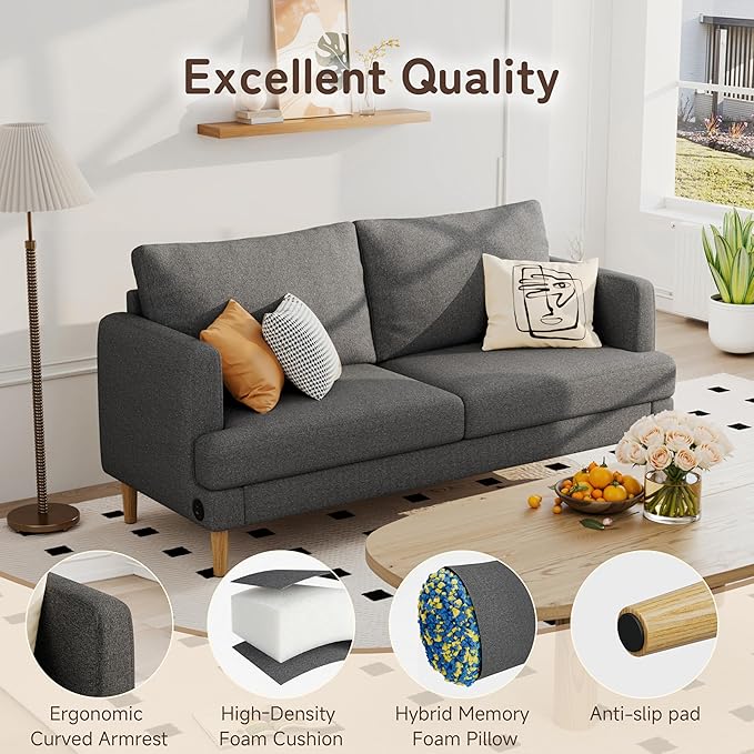 70" Modern Loveseat Sofa with USB Type-C Ports, Linen Fabric 2-Seater Deep Seat - Image 5