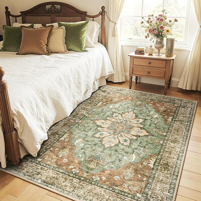 RELEANY Area Rugs 4'x5' Washable Non-Slip, Floral Vintage Distress Print by RELEANY