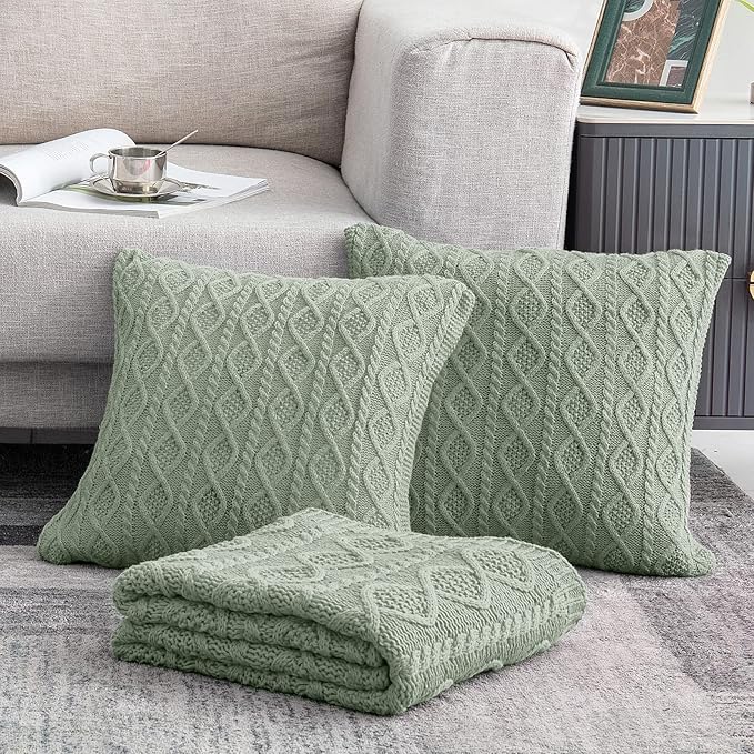 Homiest Cable Knit Throw Blanket and Pillow Set, Sage Green Set of 3, Knitted - Image 2