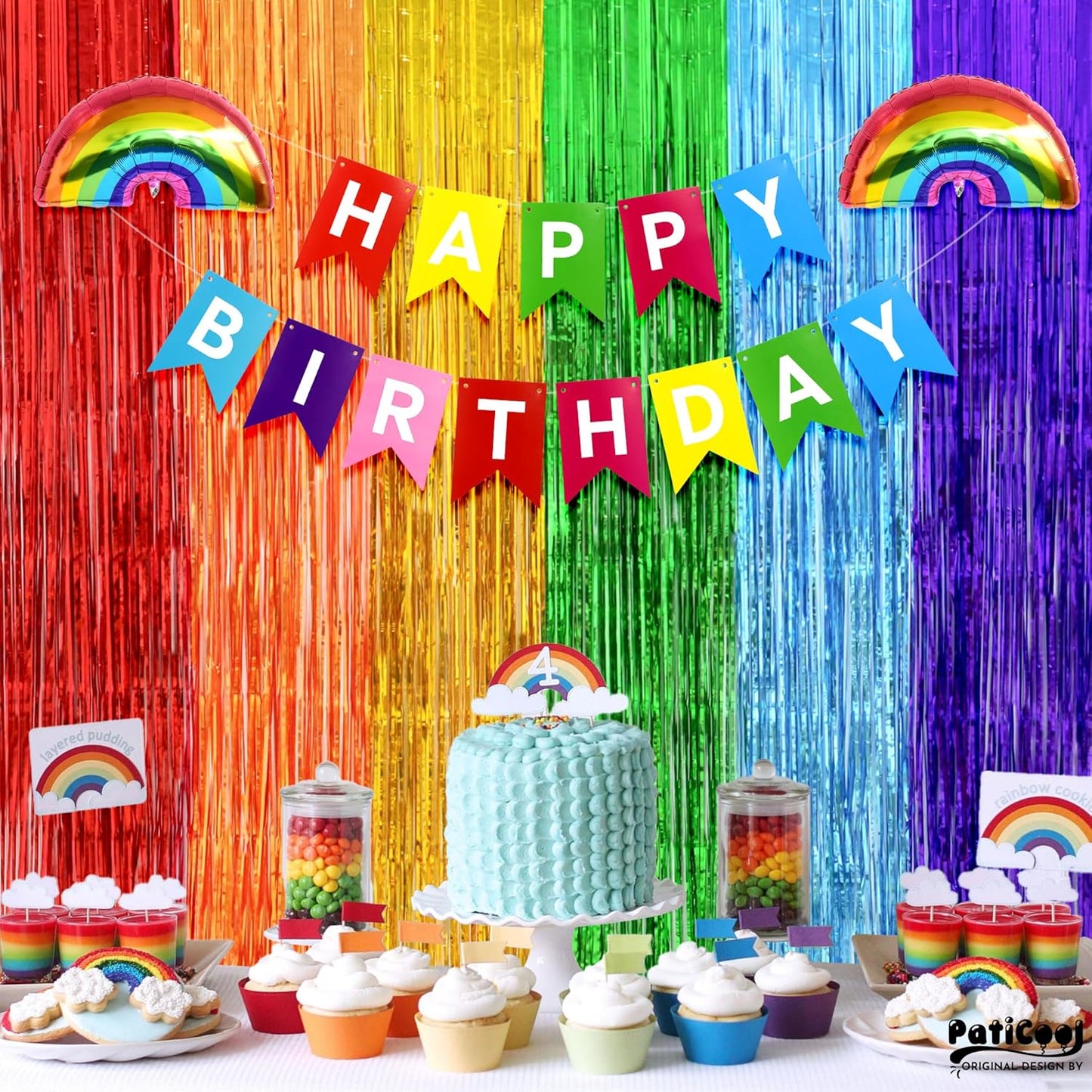 Rainbow Streamers Party Decorations - Thicken 4 Pack 3.2 x 8.2 FT - Rainbow Tinsel Foil Fringe Curtains, Photo Booth Props Backdrops for Birthday, Fiesta, Mexican, Pride, Baby Shower