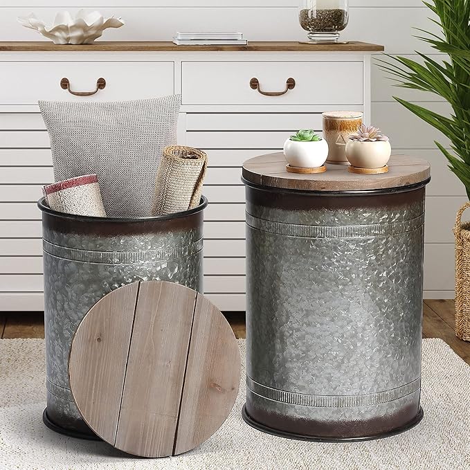 Rustic Storage Ottoman Seat Stool, Farmhouse Accent Side Table, Antique - Image 9