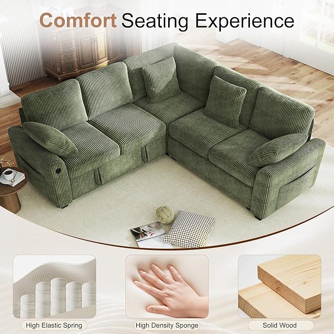 Hanherry Sectional Couch with Pull Out Sofa Bed, Corduroy Sleeper Sofa with 2 - Image 7