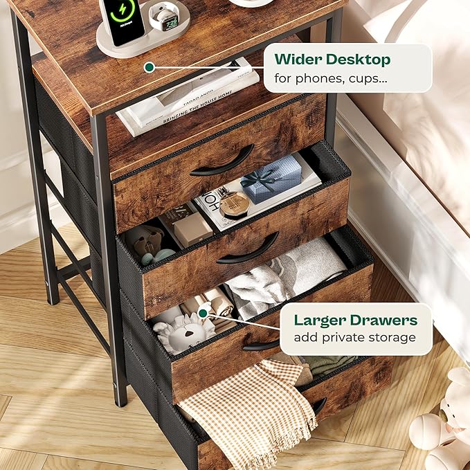 Huuger Night Stand with Charger Station and LED Lights, 4 Drawer Nightstand - Image 7