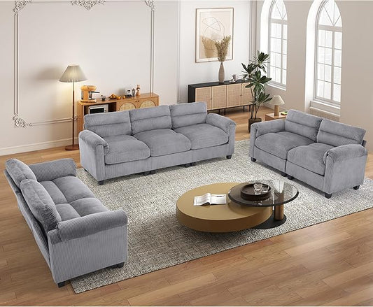 HAOMARKETS Corduroy Sofa Set, Two Upholstered Loveseat, and 3-Seater Couch by HAOMARKETS