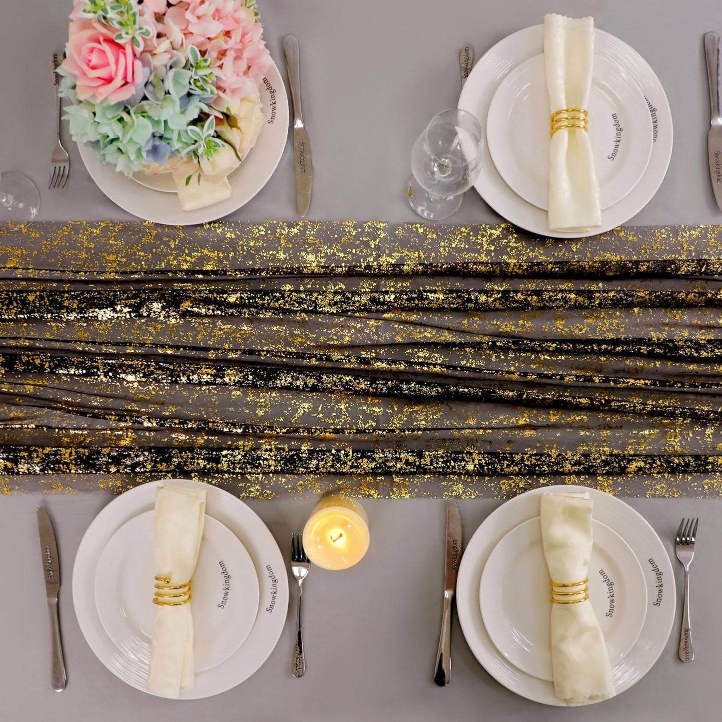 Snowkingdom Black and Gold Cheesecloth Table Runner 10 FT, Sheer Chiffon Sparkle Gauze Mesh Runners 120 Inch, Glitter Table Centerpieces Decoration for Birthday Party Wedding Christmas Halloween