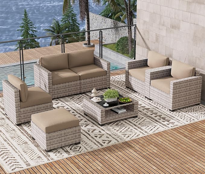 LOUVIXA 7 Piece Outdoor Patio Furniture Set, Rattan Chairs Glass Table Wicker by LOUVIXA