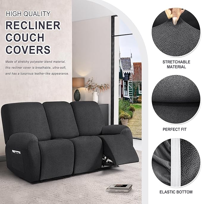 ANARACHON Leather Look Recliner Couch Cover, 8-Pieces Stretch Recliner Sofa - Image 4