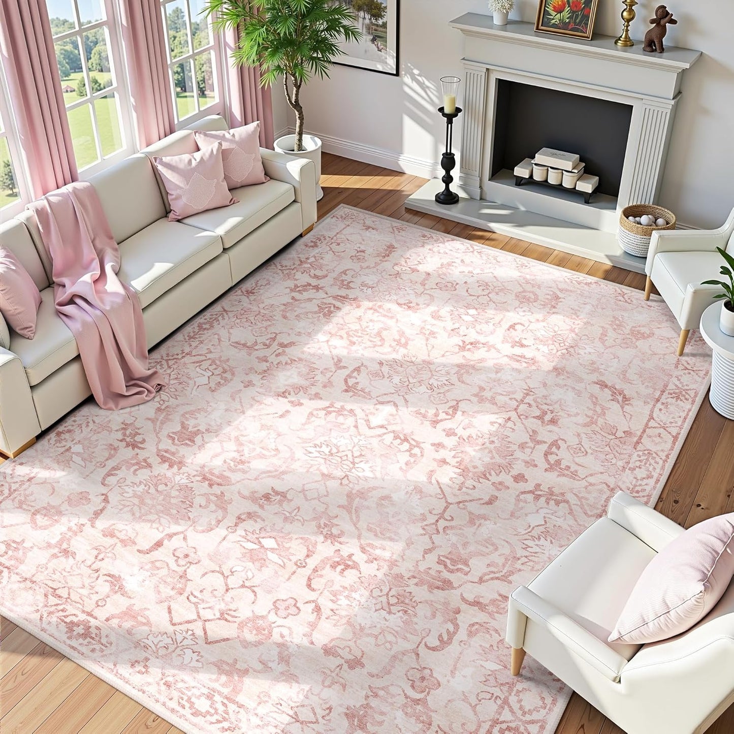 Deerly Pink Area Rugs 9x12 for Living Room Soft Non-Slip, Large Bedroom Rug Vintage Dining Room Rug Tribal Farmhouse Carpet for Dining Room Office Green