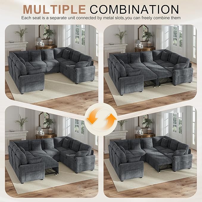 Hanherry Sectional Sofa with Pull Out Couch Bed, 8 Seat Corduroy Sleeper Sofa - Image 7
