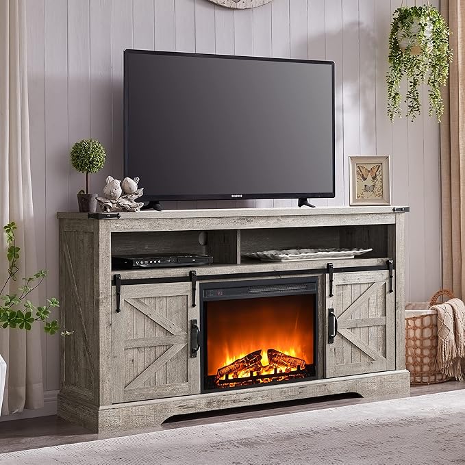 OKD Fireplace TV Stand for 65+ Inch TV, Rustic Media Console w/Sliding Barn by OKD