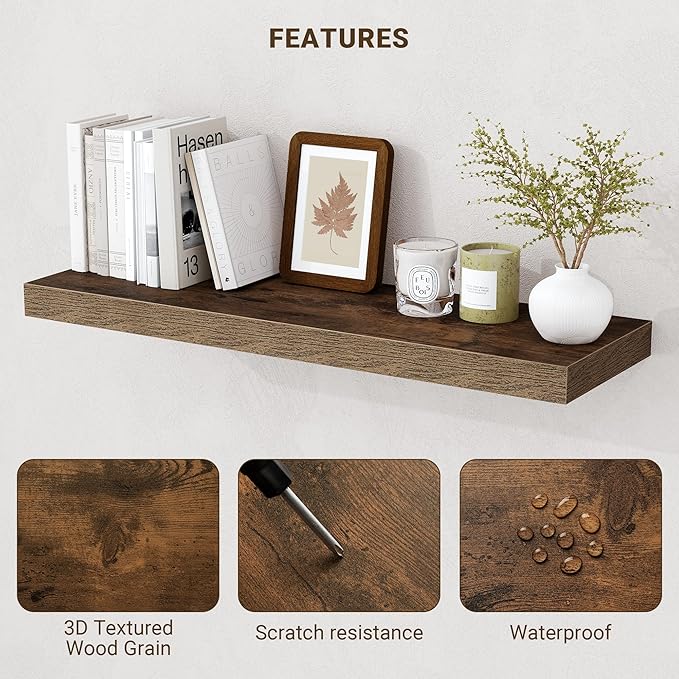 Acovy 72 Inch Floating Shelves, 3D Textured Wood Grain, Wooden Shelves - Image 4