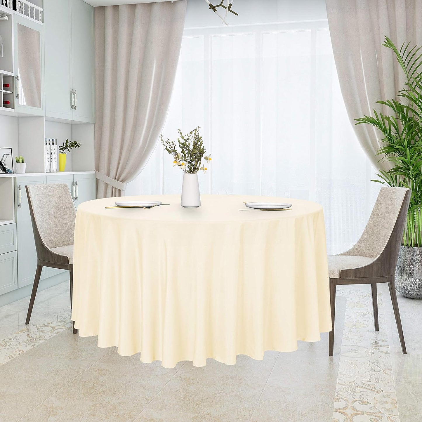 sancua Round Tablecloth - 108 Inch - Water Resistant Spill Proof Washable Polyester Table Cloth Decorative Fabric Table Cover for Dining Tables, Buffet Parties and Camping, Beige
