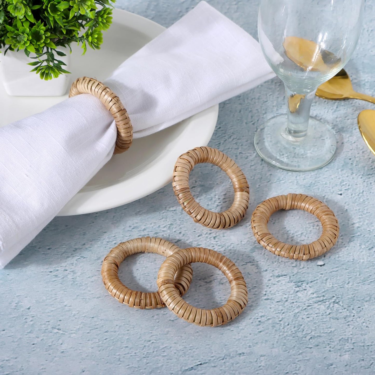 Woven Napkin Rings Set of 12 - Handmade Rattan Napkin Holders for Farmhouse Table Décor, Rustic Holiday Dining, Wedding, Thanksgiving, Christmas & Everyday Use (Natural) - CLEENTABLE