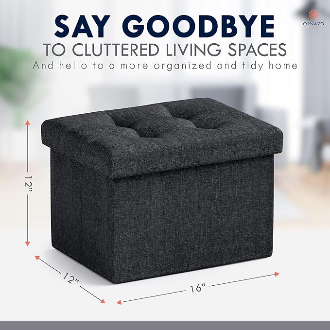 Ornavo Home Small Storage Ottoman, Foldable Collapsible Rectangle Linen Ottoman - Image 2
