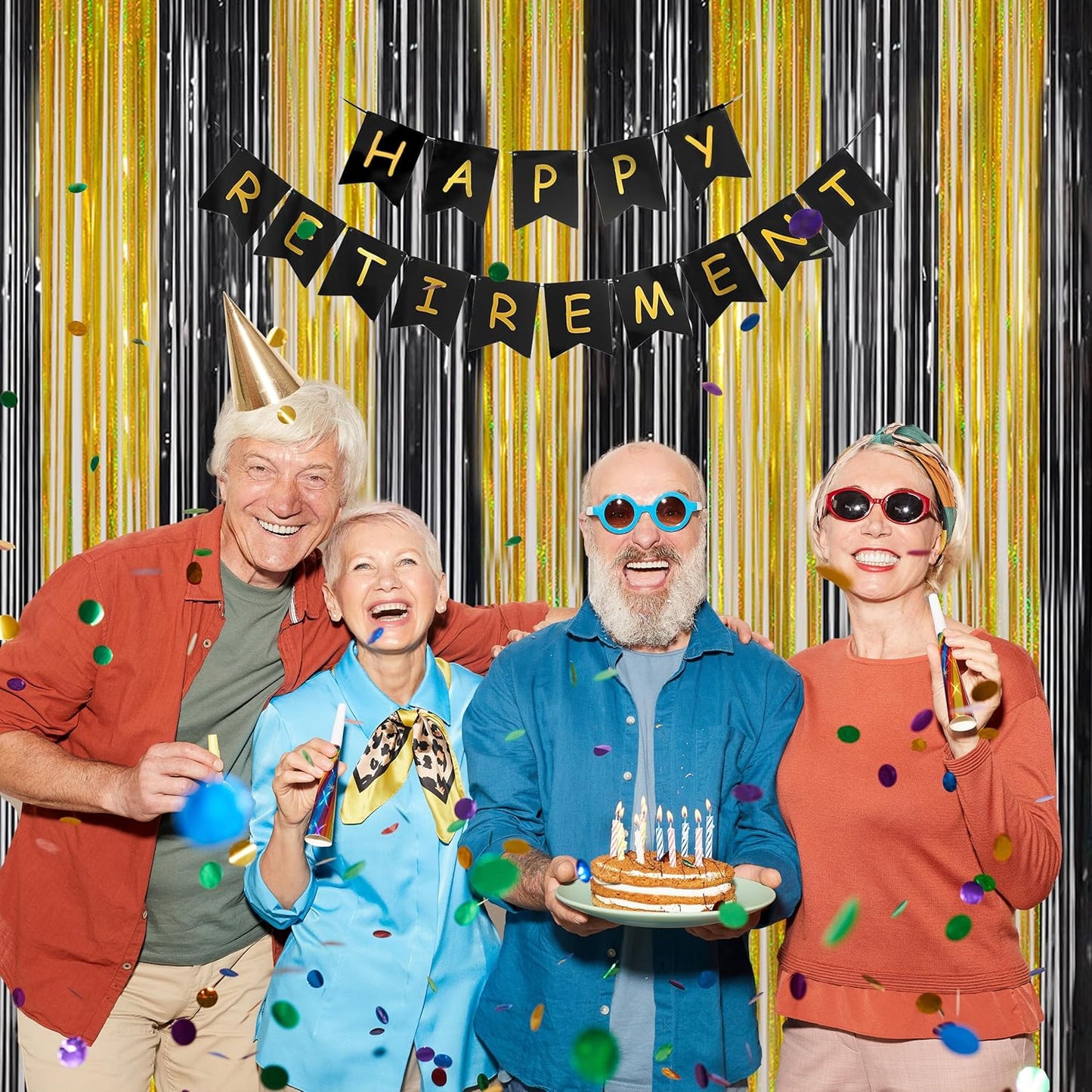 Melsan 2 Pack 3.2 ft x 8.2 ft Tinsel Foil Fringe Curtains Backdrop, Sparkle Metallic Foil Curtains for Halloween Graduation Retirement New Years Party Photo Booth Props Decoration (Black)