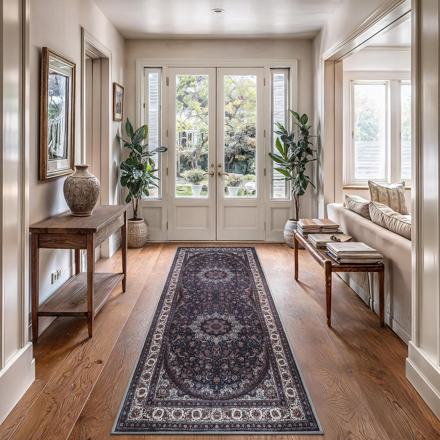 Bloom Rugs Washable Non-Slip 10 ft Runner - Navy Traditional Medallion Runner for Entryway, Hallway, Bathroom, and Kitchen - Exact Size: 2.5' x 10'