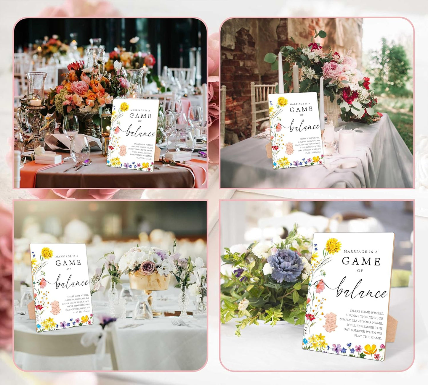 Marriage Is A Game Of Balance Sign, Floral Wedding Ceremony Sign, Pack of 1 Wooden Tabletop Sign with Stand, Wedding Supplies, Engagement and Reception Wedding Decorations - LD17