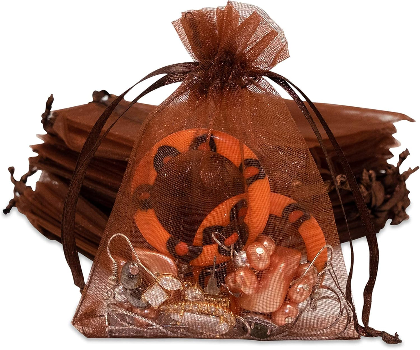 TheDisplayGuys 48-Pack 3x4 Brown Sheer Organza Gift Bags with Drawstring, Jewelry Candy Treat Wedding Party Favors Mesh Pouch