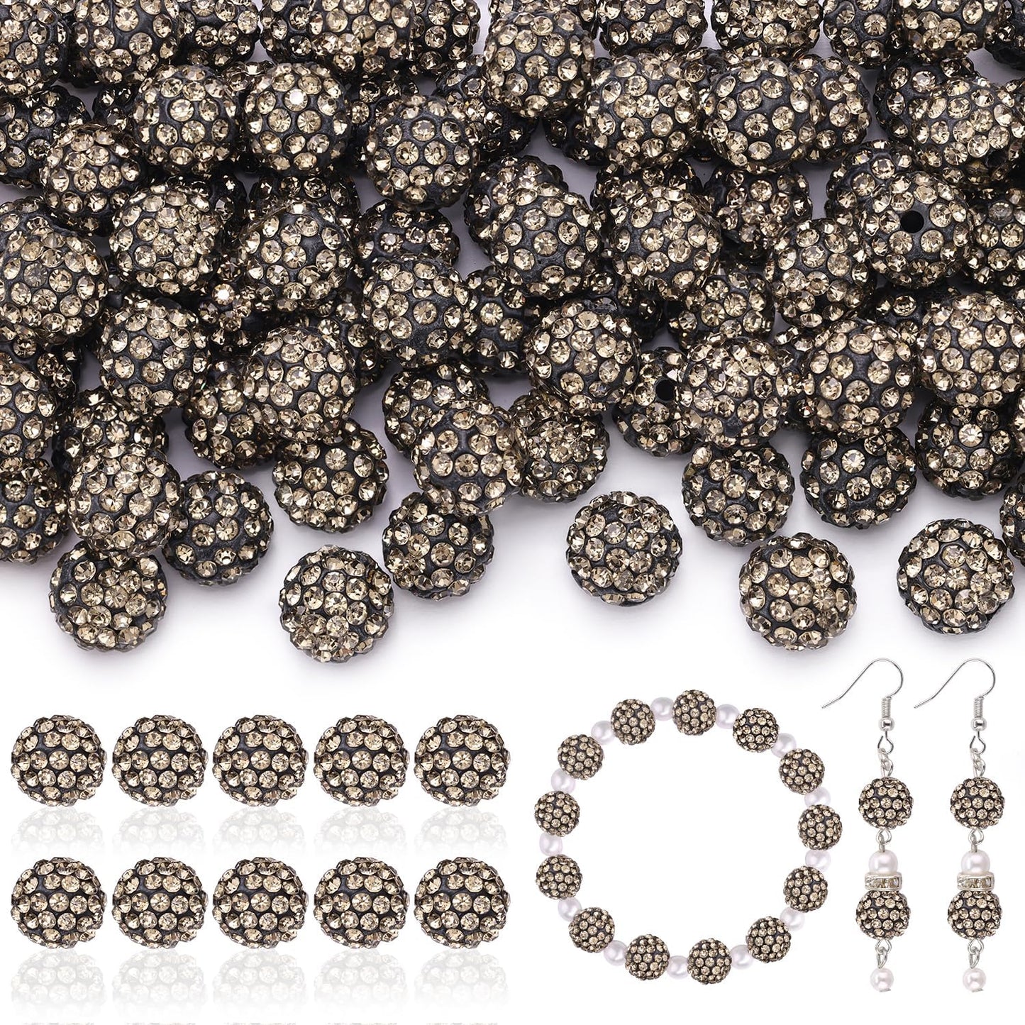 160pcs 10mm Rhinestone Beads for Jewelry Making, Gray Shiny Round Disco Ball Beads Bulk, Sparkle Crystal Clay Christmas for Bracelet Baseball Necklace Earring Crafting and DIY