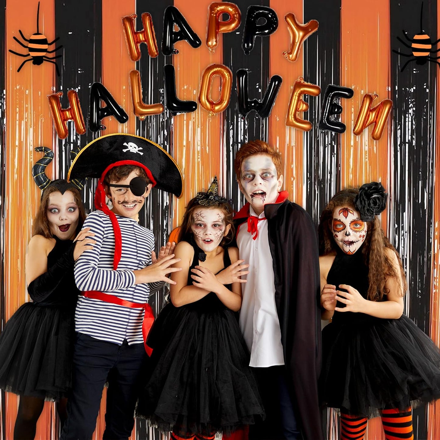 Melsan 2 Pack 3.2 ft x 8.2 ft Tinsel Foil Fringe Curtains Backdrop, Metallic Foil Curtains for Halloween Party Photo Booth Props Decorations (Black+Orange)