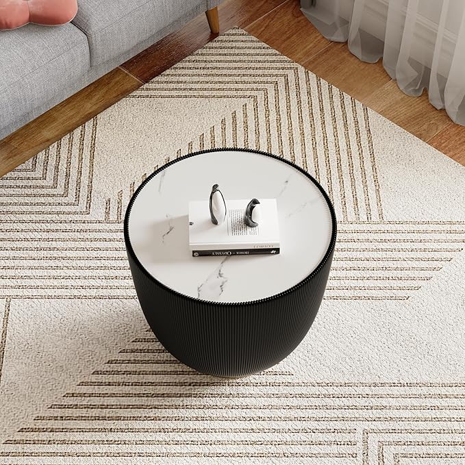 Black Round Side Table, 19.7" Faux Marble Fluted End Table - Image 4