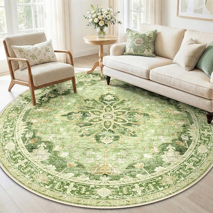 RELEANY Area Rugs Round 6ft Washable Non-Slip, Floral Vintage Distress Print by RELEANY