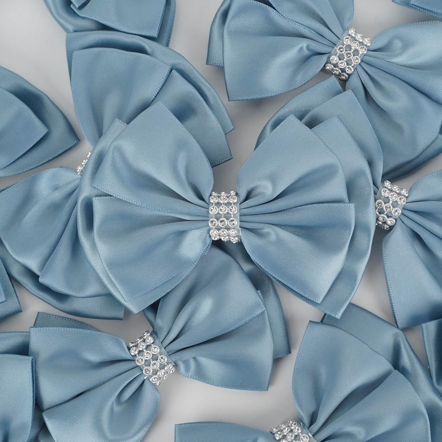 Satin Bows 4'' Premade Dusty Blue Ribbon Bow, Blue Gift Bows With Rhinestone, Wrapping Bows For Presents, Greeting Cards, Treat Bags, Wine Bottles, Valentines Bows For Gift Wrapping-12 Counts