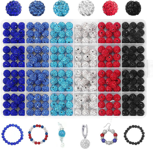 240pcs 10mm Rhinestone Beads for Crafting, Sparkle Clay Beads Crystal Disco Ball for DIY Jewelry Making Bracelet Necklace Earring and Independence Day Decorations Clay Rhinestone Red and Blue Series