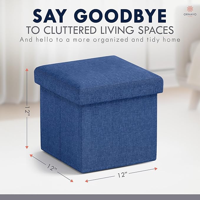 Ornavo Home Small Storage Ottoman Foldable Collapsible Cube Square Linen - Image 2