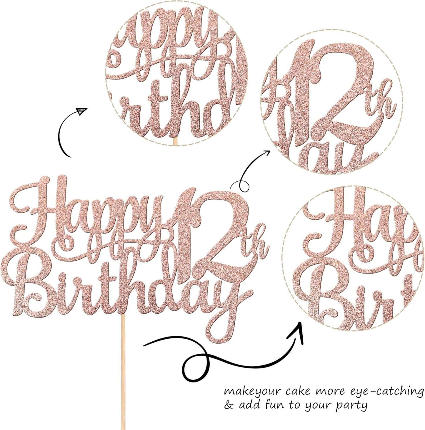 1 PCS Happy 12th Birthday Cake Topper Glitter Cheers to 12 Years Birthday Cake Pick 12 Fabulous Cake Decoration for Happy 13th Birthday Theme Party Decorations Supplies Rose Gold